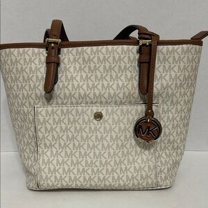 Michael Kors Beige and Brown MK Monogram Tote